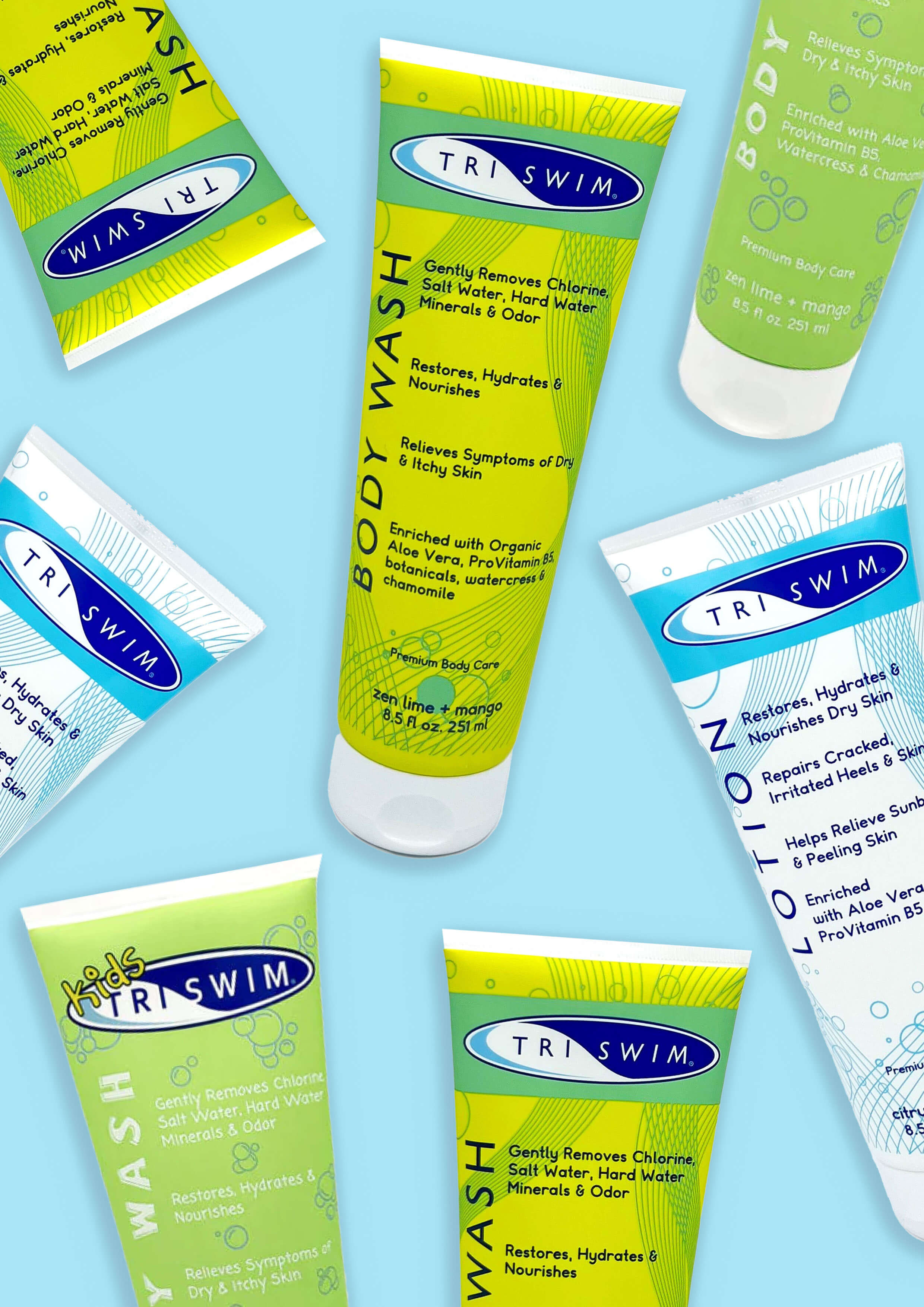 TRISWIM Body Wash products on a blue background