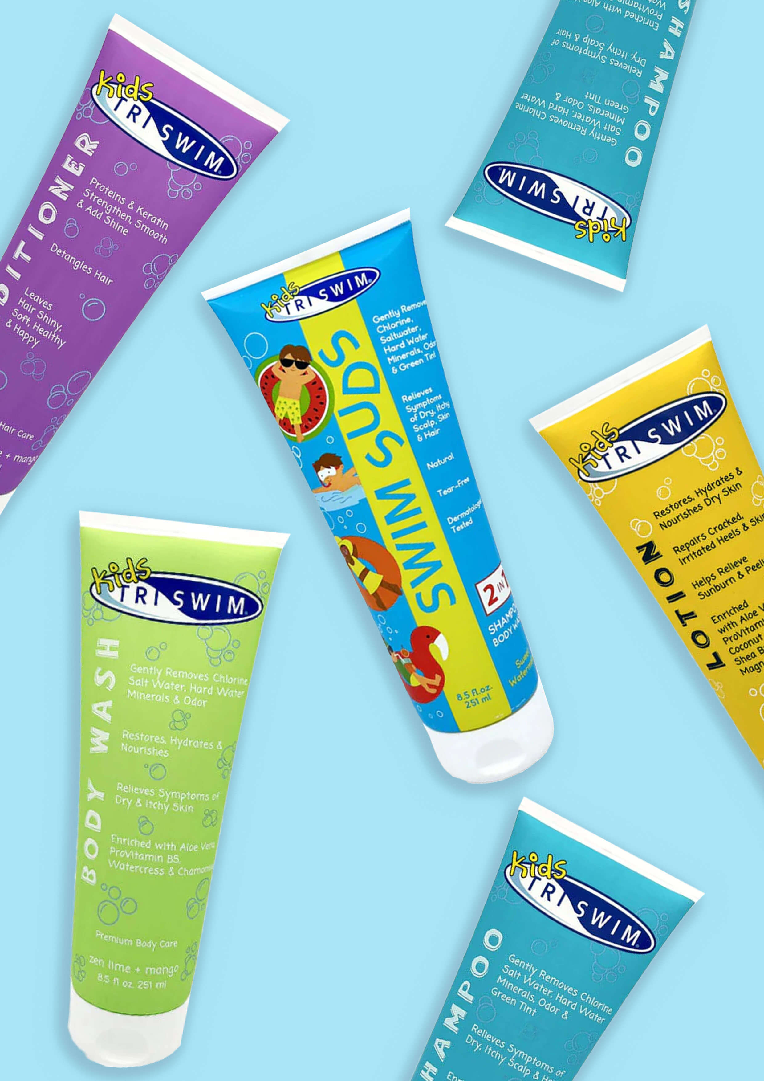 TRISWIM Kids Products on a blue background
