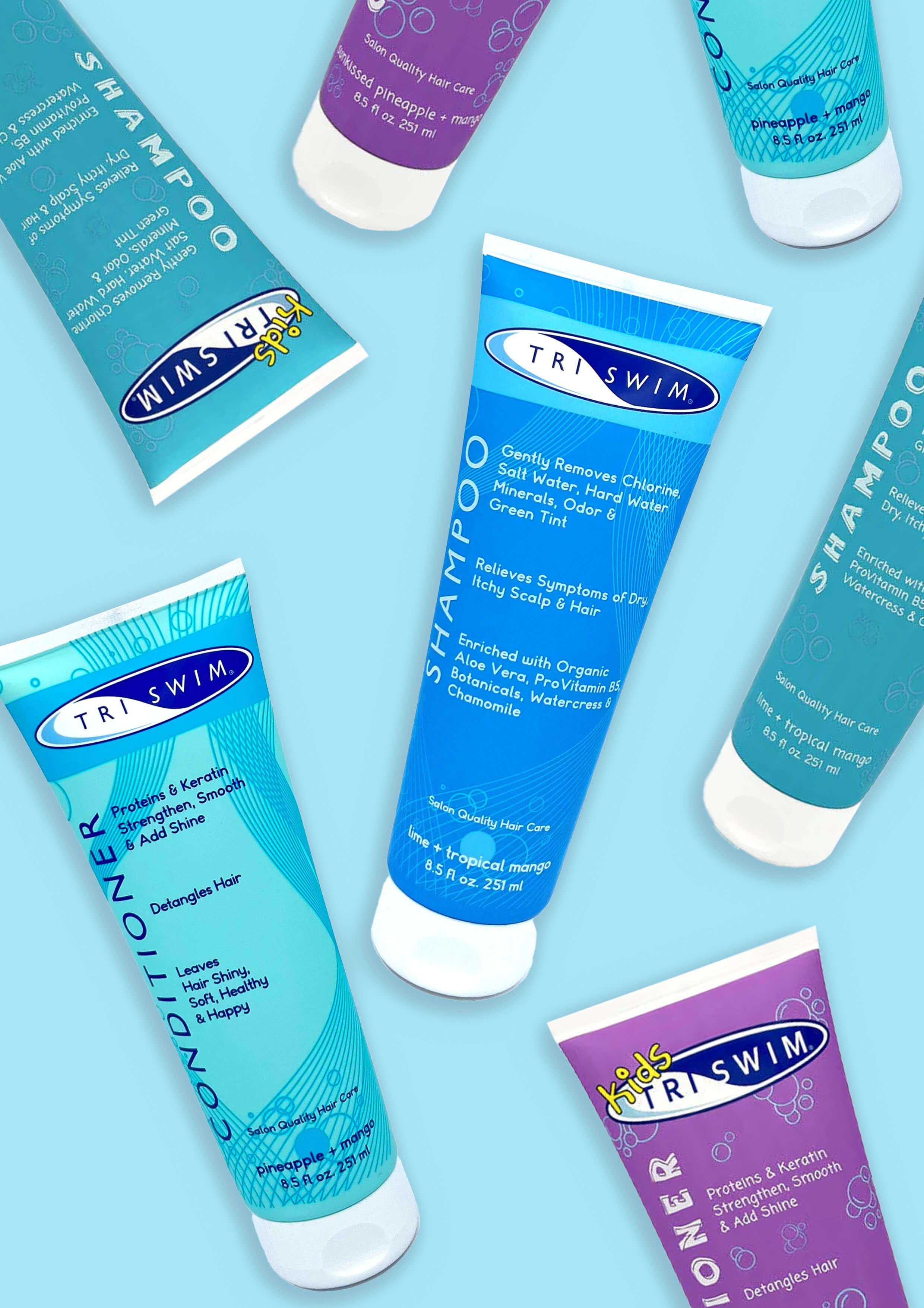 TRISWIM Hair Care products on a blue background
