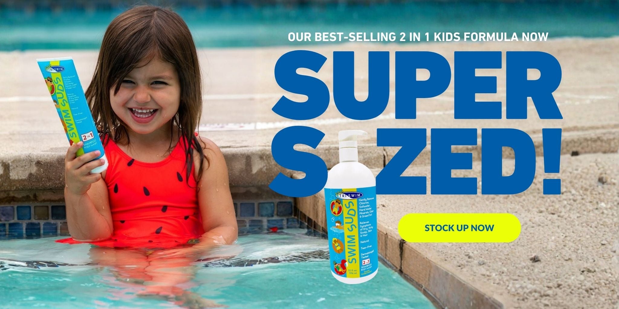 Child in a pool holding a product package with promotional text about 'Super Sized' in the background.