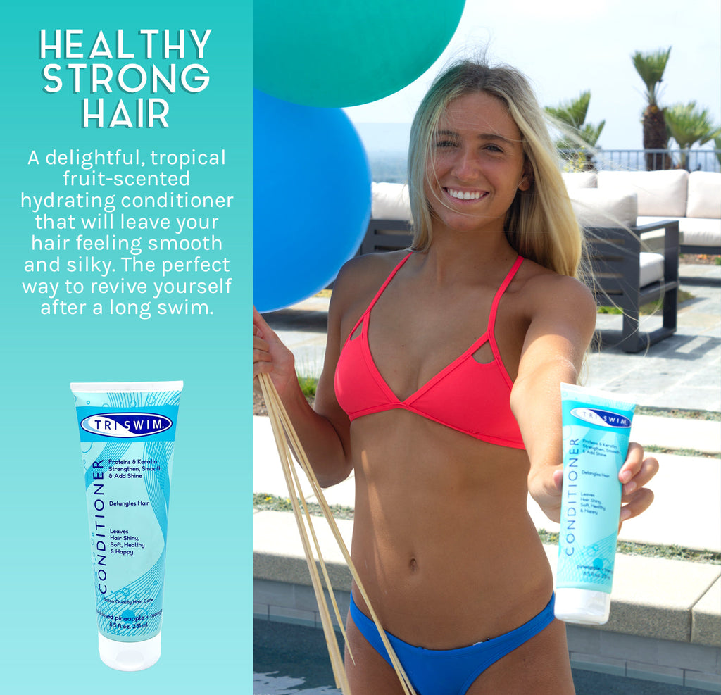 Get healthy, strong hair after swimming with TRISWIM conditioner.