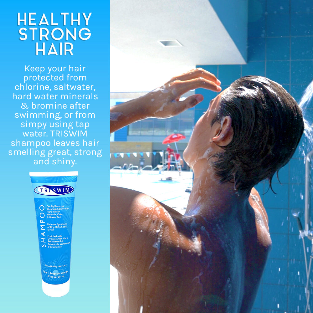 Achieve your hair dreams with TRISWIM Shampoo, protecting your locks from chlorine, saltwater, hard water minerals and bromine.