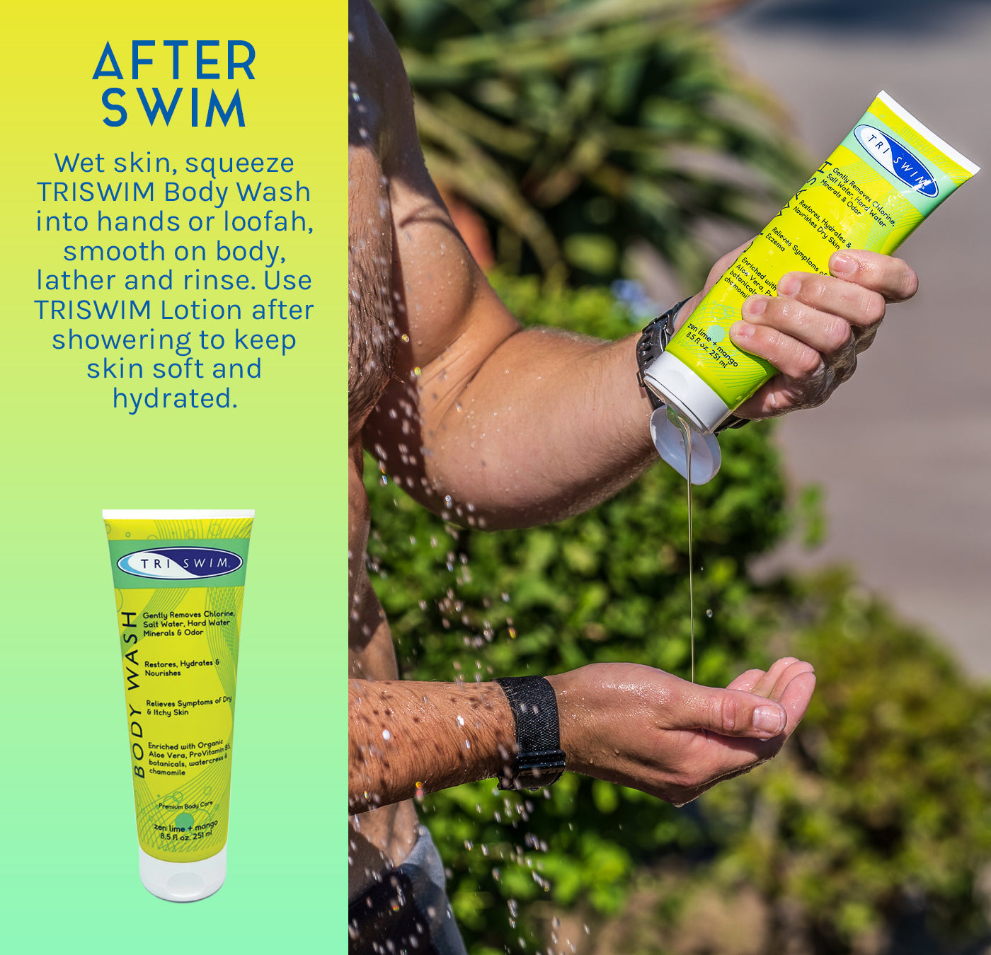 How to use TRISWIM body wash to keep skin soft and hydrated after swimming.