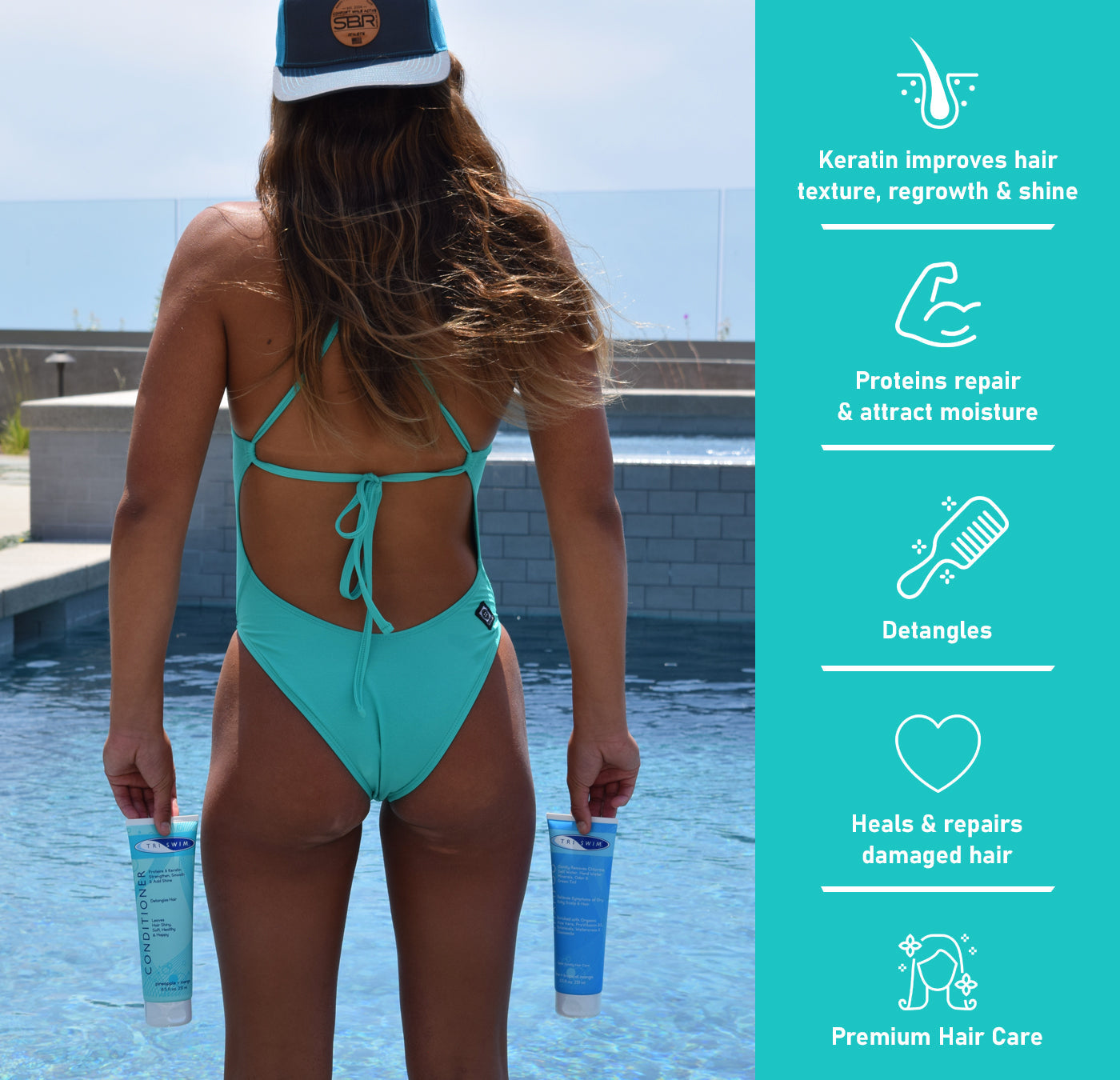 The benefits of using TRISWIM premium haircare after swimming.