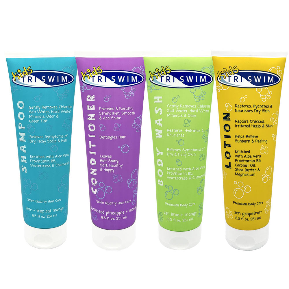 The complete hair and skin bundle for Kids! Featuring full sized tubes of TRISWIM Chlorine-removing Shampoo, Conditioner, Body Wash and Lotion, in fun kiddie colours!.