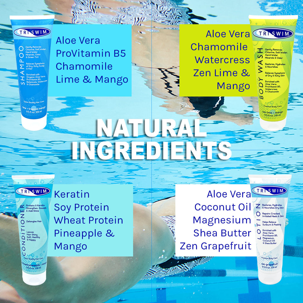 The TRISWIM collection strips chorine with natural ingredients, to keep your hair and skin healthy and happy.