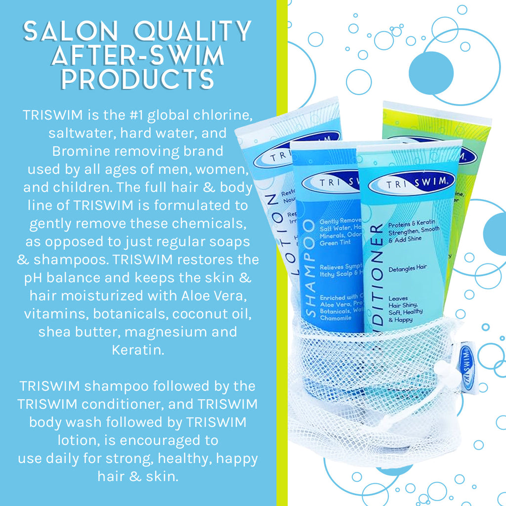 Salon quality after-swim products used by all ages to gently remove chemicals related to swimming.